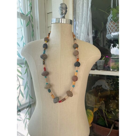 Vintage African Trade Bead Necklace HUGE Clay Beads millefiori Glass Sterling Cl - Picture 13 of 16